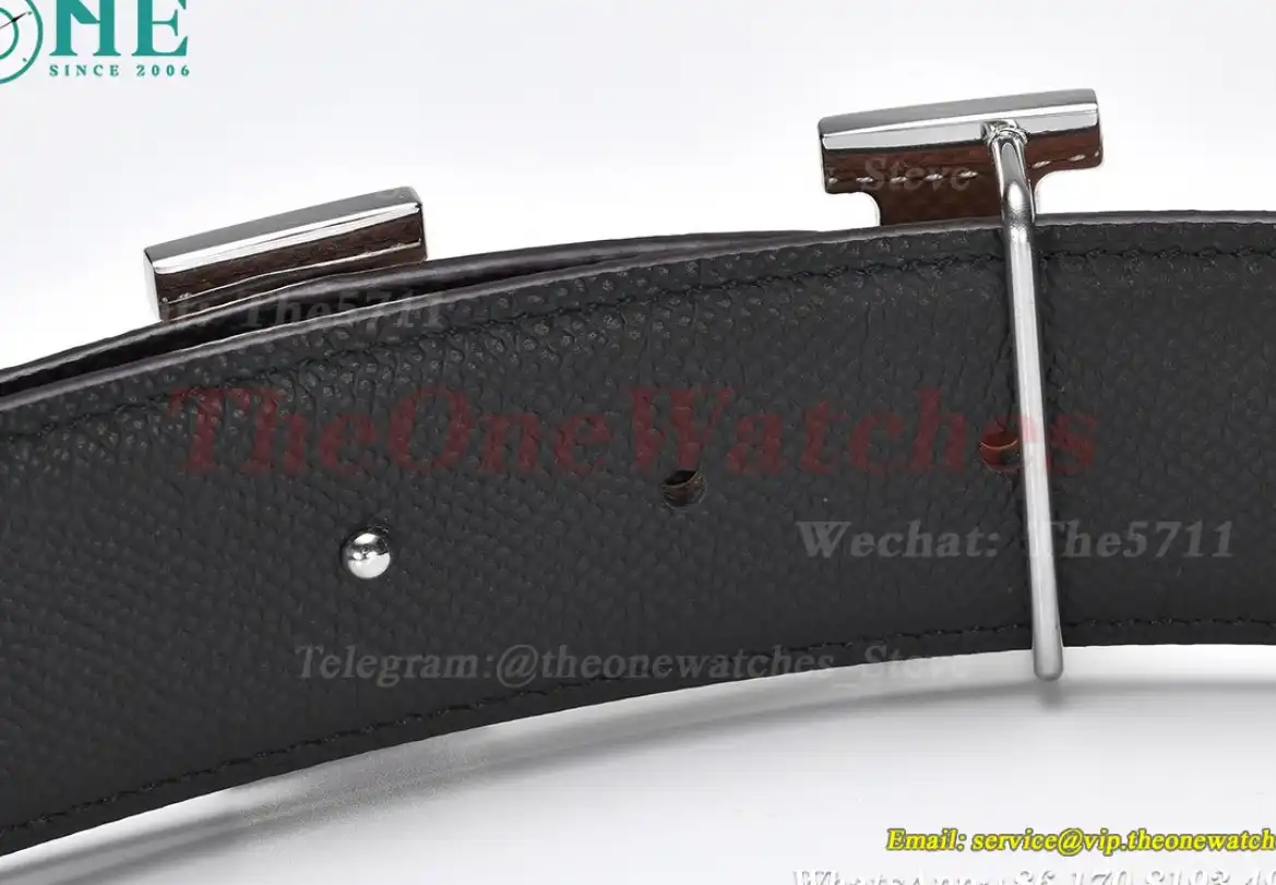 Silver Hermes SS Buckle on Brown Black Leather Belt 3.8cm