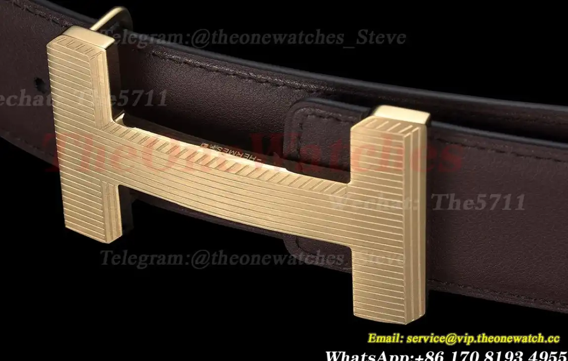 Yellow Gold Hermes SS Buckle on Brown Leather Belt 3.9cm