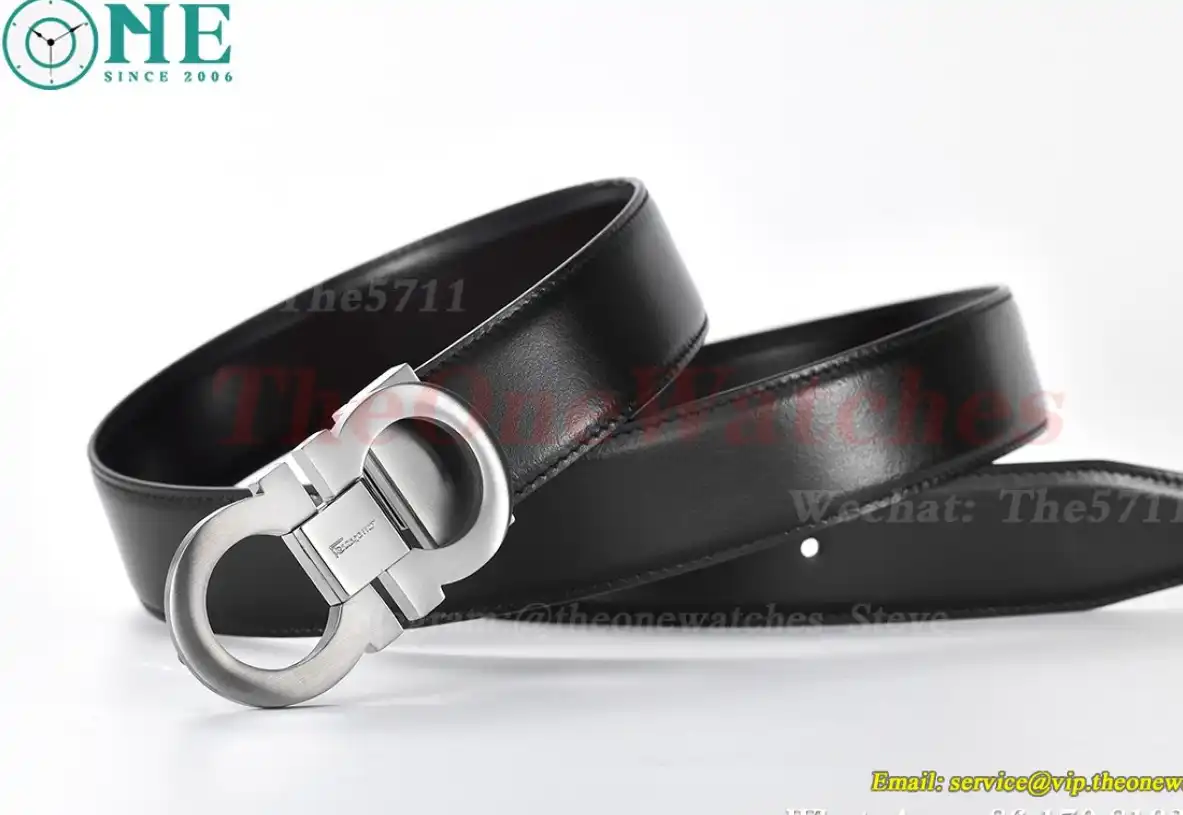 Bright Grey Brass Buckle on Black Black Leather Belt 3.5cm