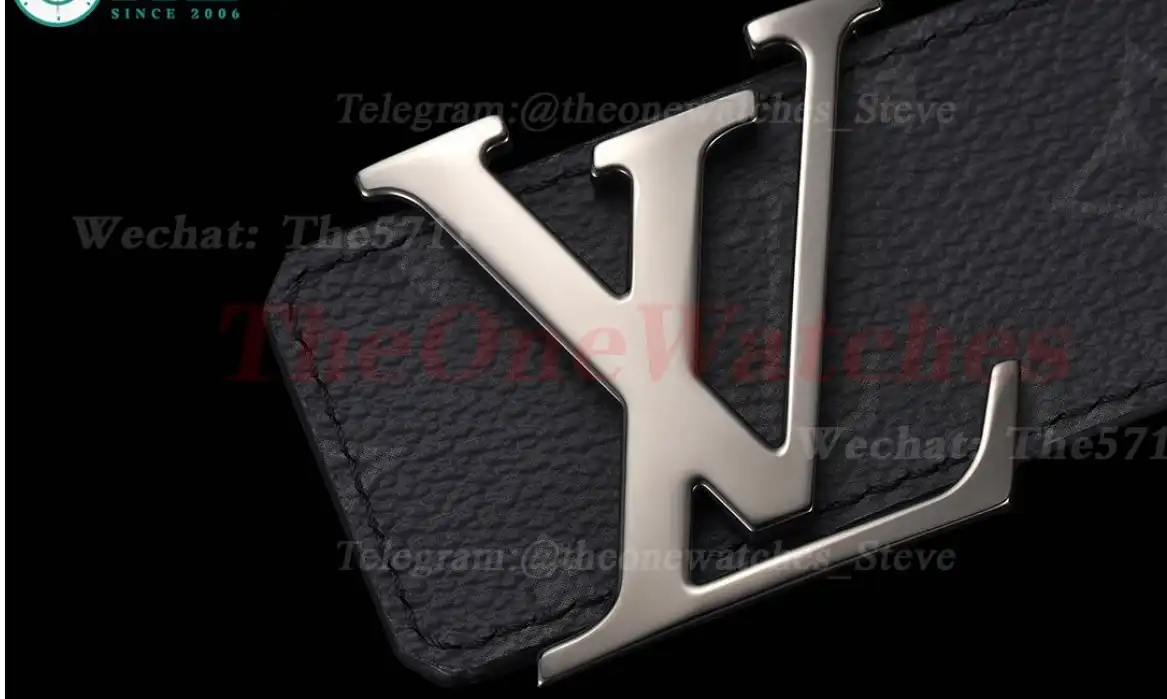 Bright Gray LV Brass Buckle on Black Leather Belt 4.0cm