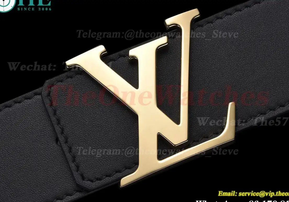 Yellow Gold LV Brass Buckle on Black Leather Belt 4.0cm