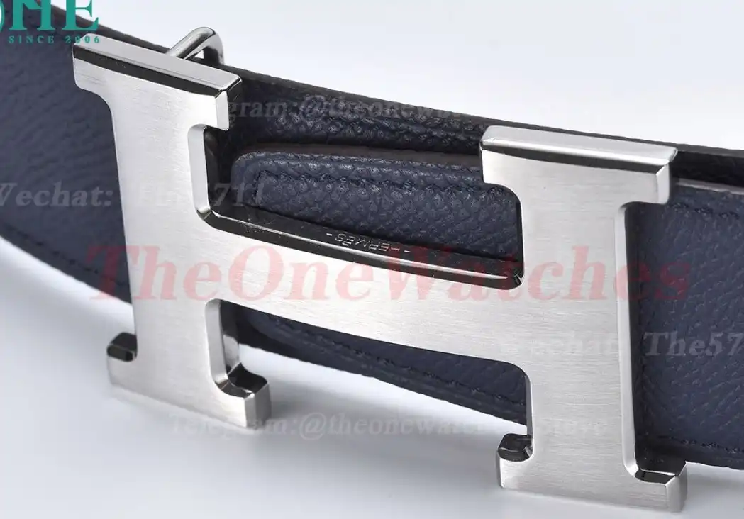 Silver Hermes SS Buckle on Blue Black Leather Belt 3.8cm