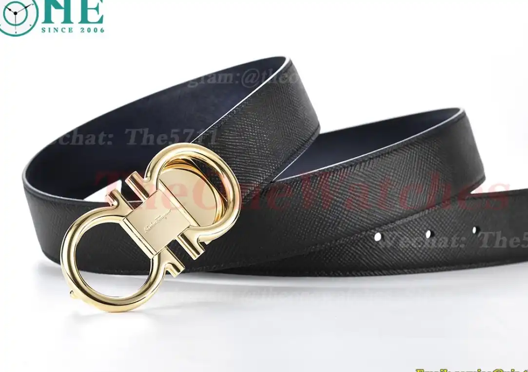 YG Brass Buckle on Black Blue Leather Belt 3.5cm