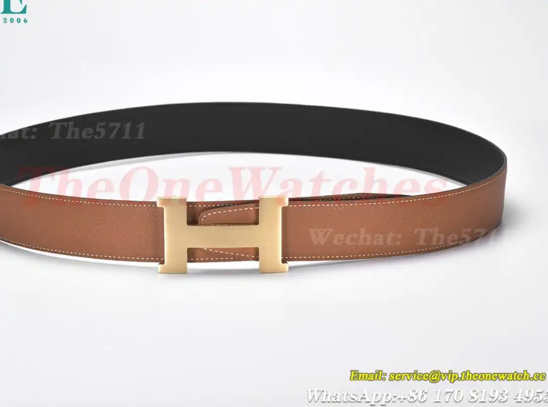 YG Hermes SS Buckle on Brown Black Leather Belt 3.8cm