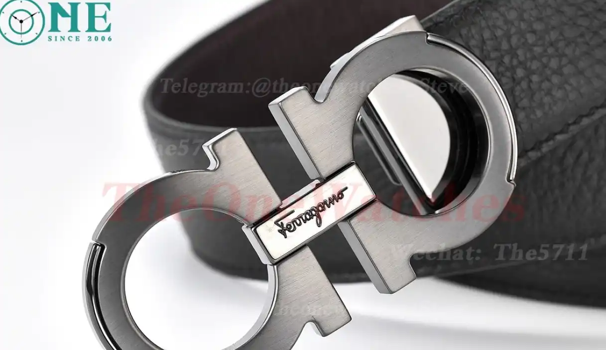 Bright Grey Brass Buckle on Black Brownish Leather Belt 3.5cm