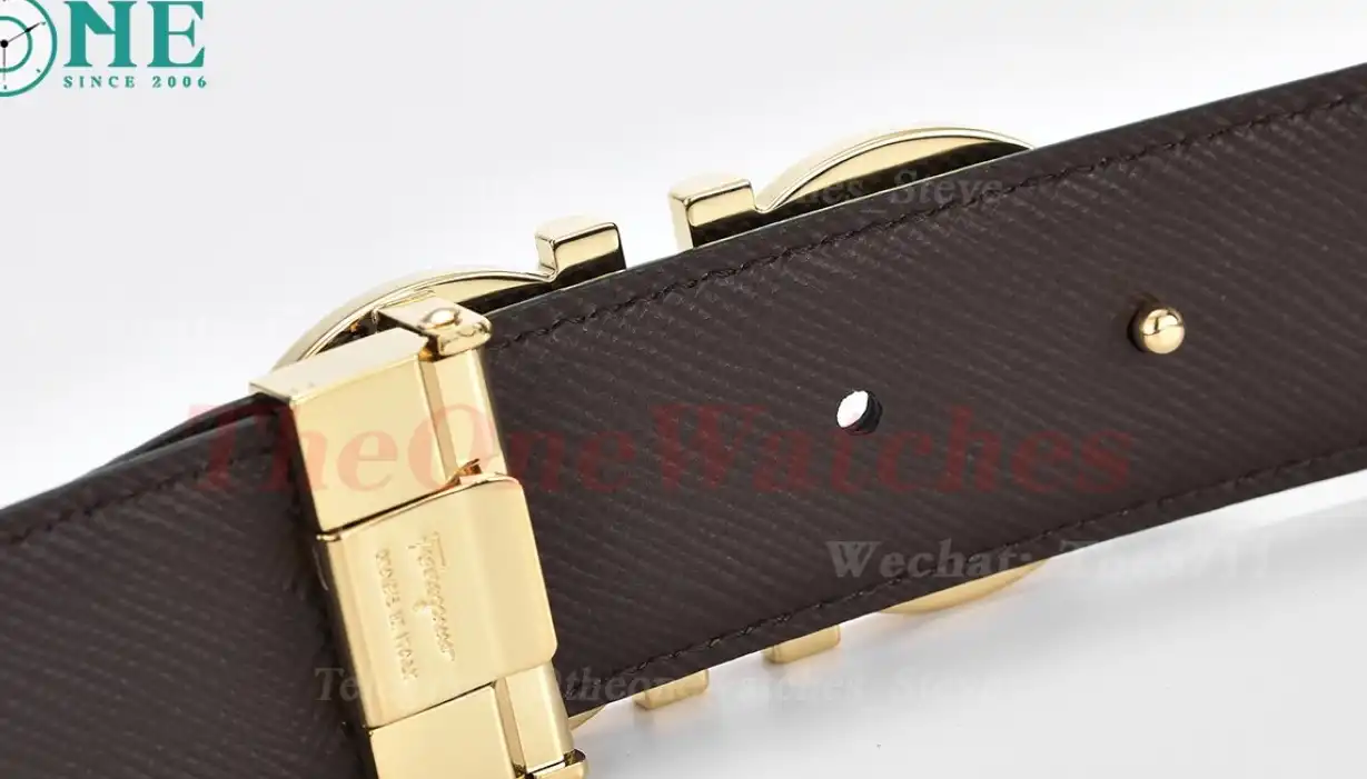 YG Brass Buckle on Black Brownish Leather Belt 3.5cm