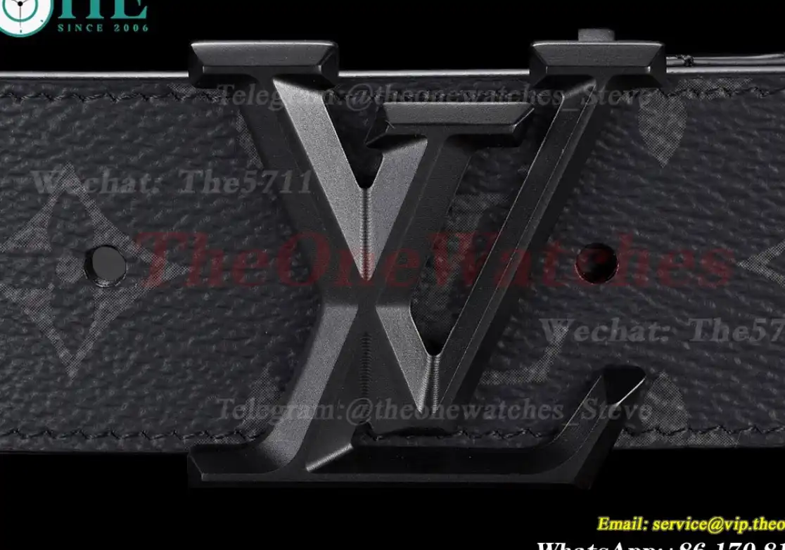 PVD Black LV Brass Buckle on Black Leather Belt 4.0cm