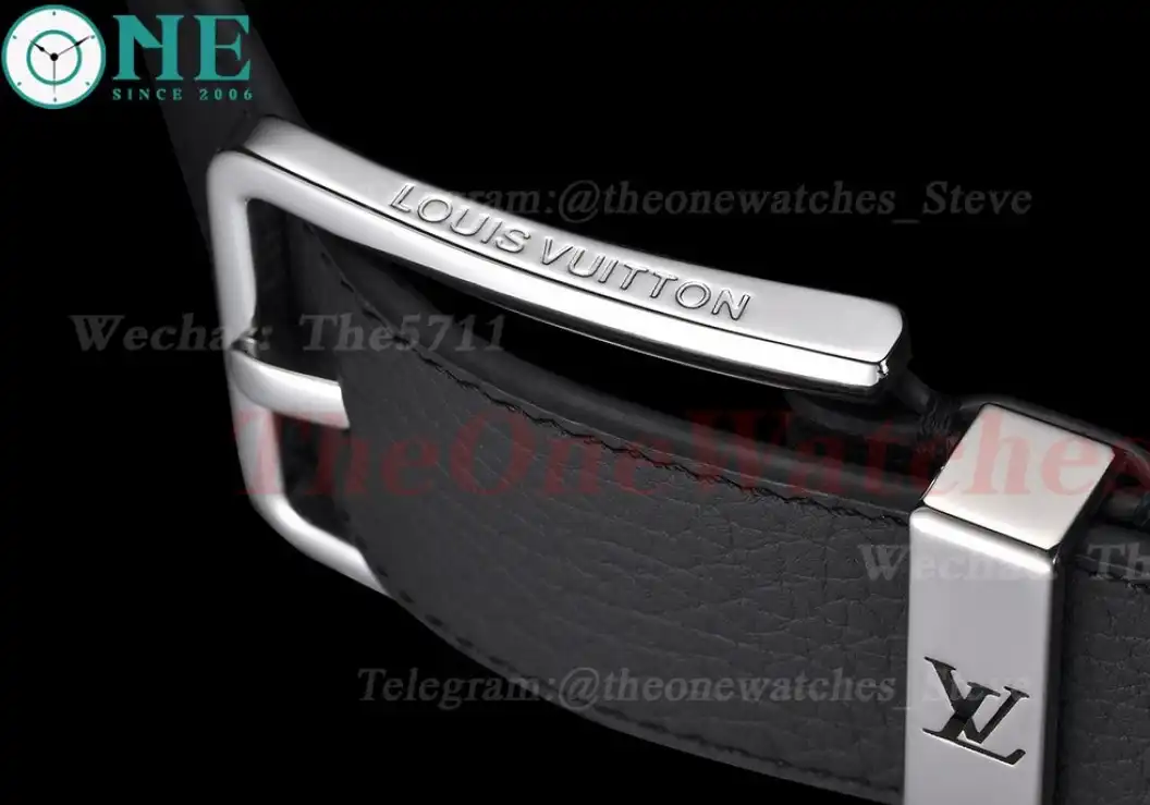 Silver LV SS Buckle on Black Leather Belt 3.5cm