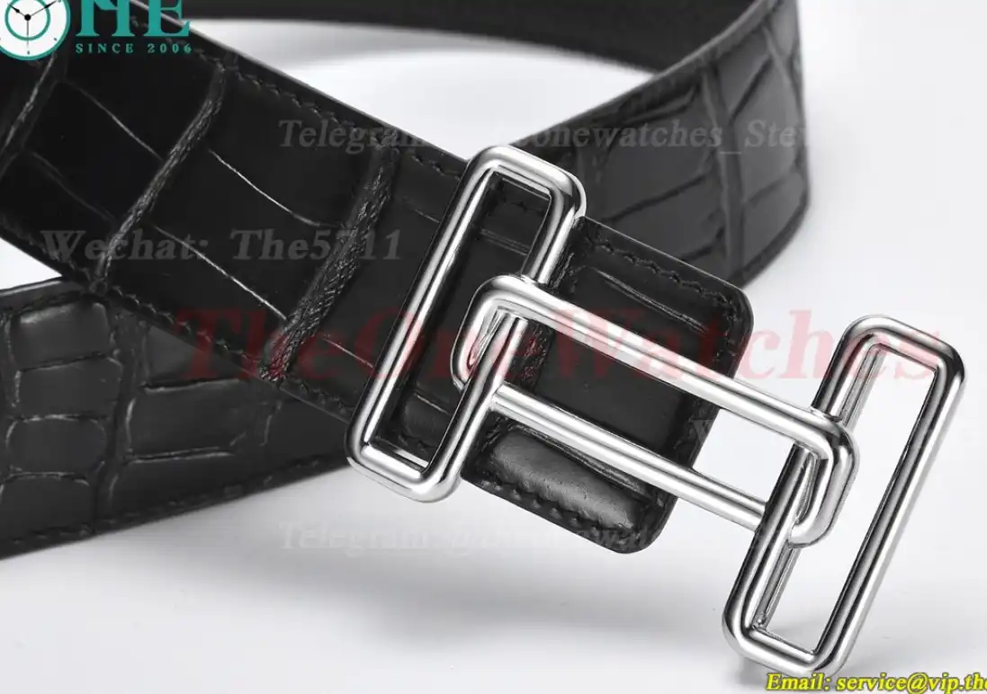 Silver Hermes SS Buckle on Black Black Leather Belt 3.8cm