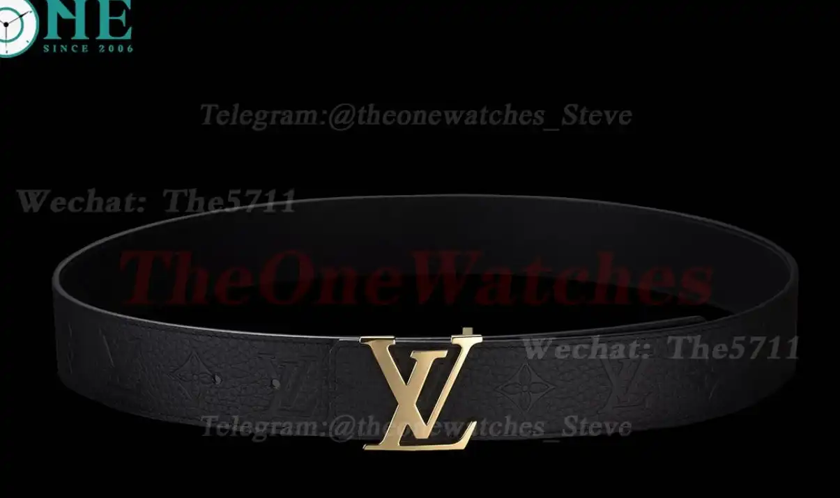 Yellow Gold LV Brass Buckle on Black Leather Belt 4.0cm