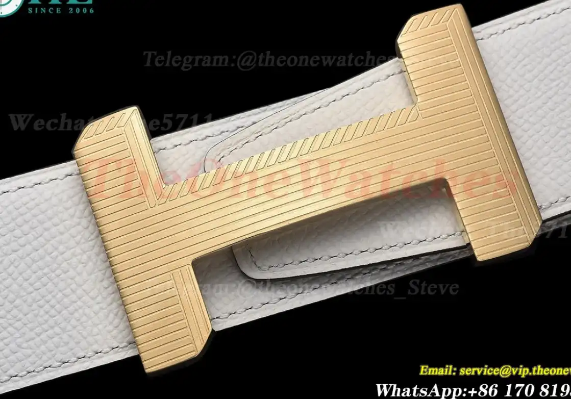 Yellow Gold Hermes SS Buckle on milky Leather Belt 3.8cm