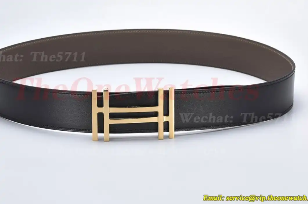 YG Hermes SS Buckle on Apricot Black Leather Belt 3.8cm