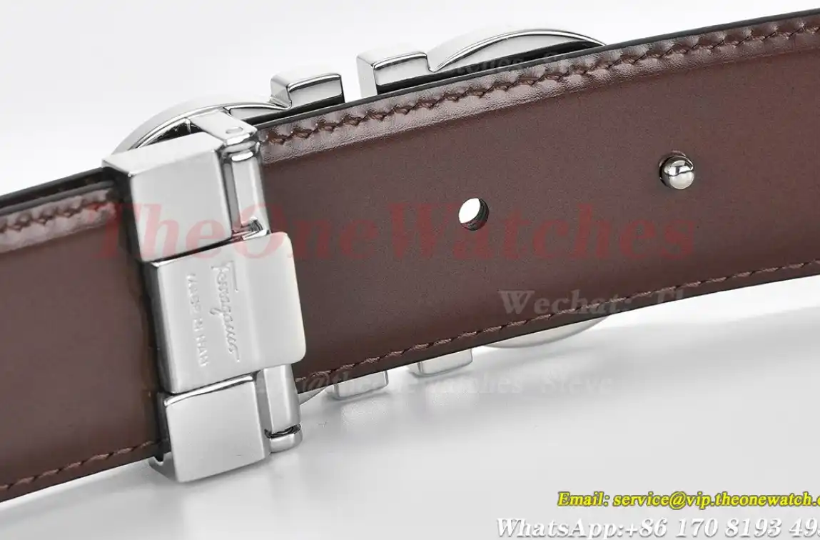 Silver Brass Buckle on Black Brown Leather Belt 3.5cm