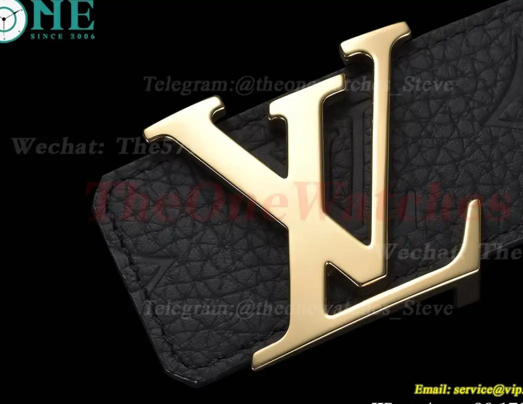 Yellow Gold LV Brass Buckle on Black Leather Belt 4.0cm