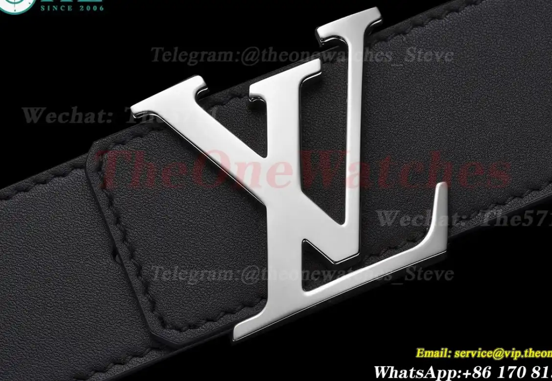 Silver LV Brass Buckle on Black Leather Belt 4.0cm