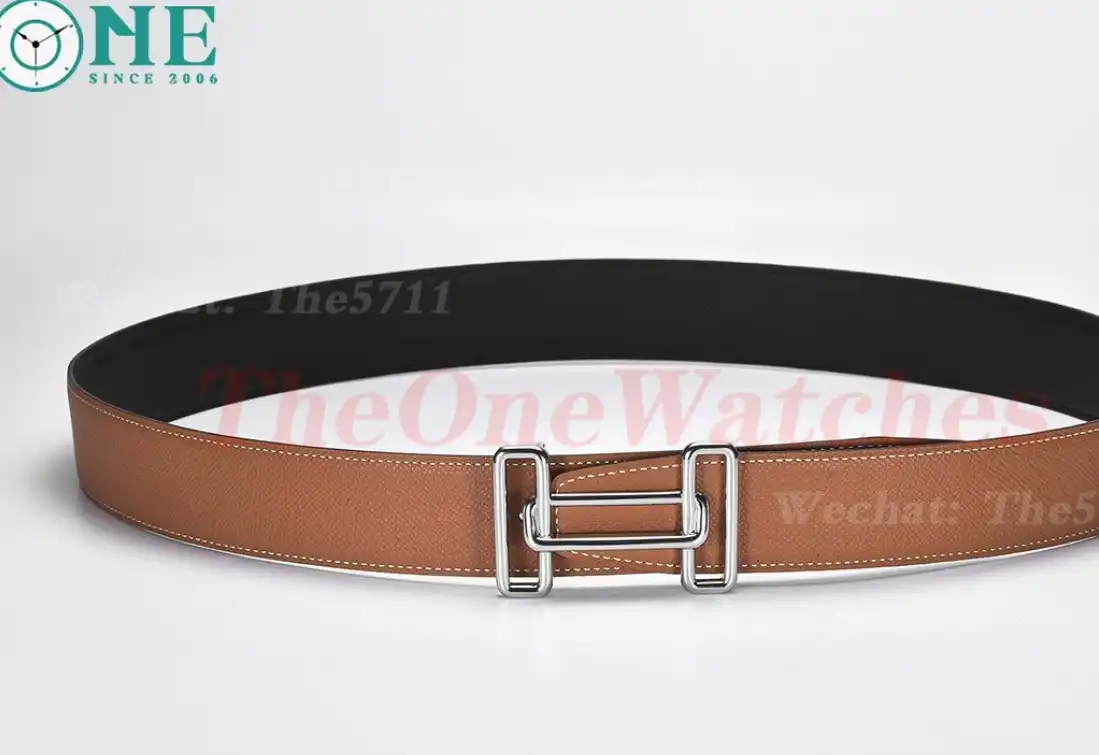 Silver Hermes SS Buckle on Brown Black Leather Belt 3.8cm