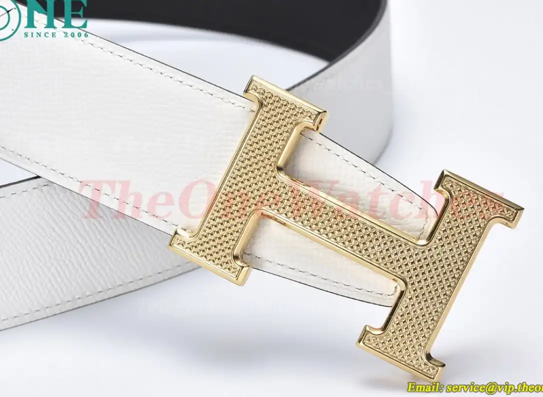 YG Hermes SS Buckle on White Black Leather Belt 3.8cm