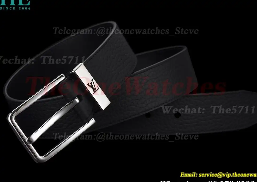 Silver LV SS Buckle on Black Leather Belt 3.5cm