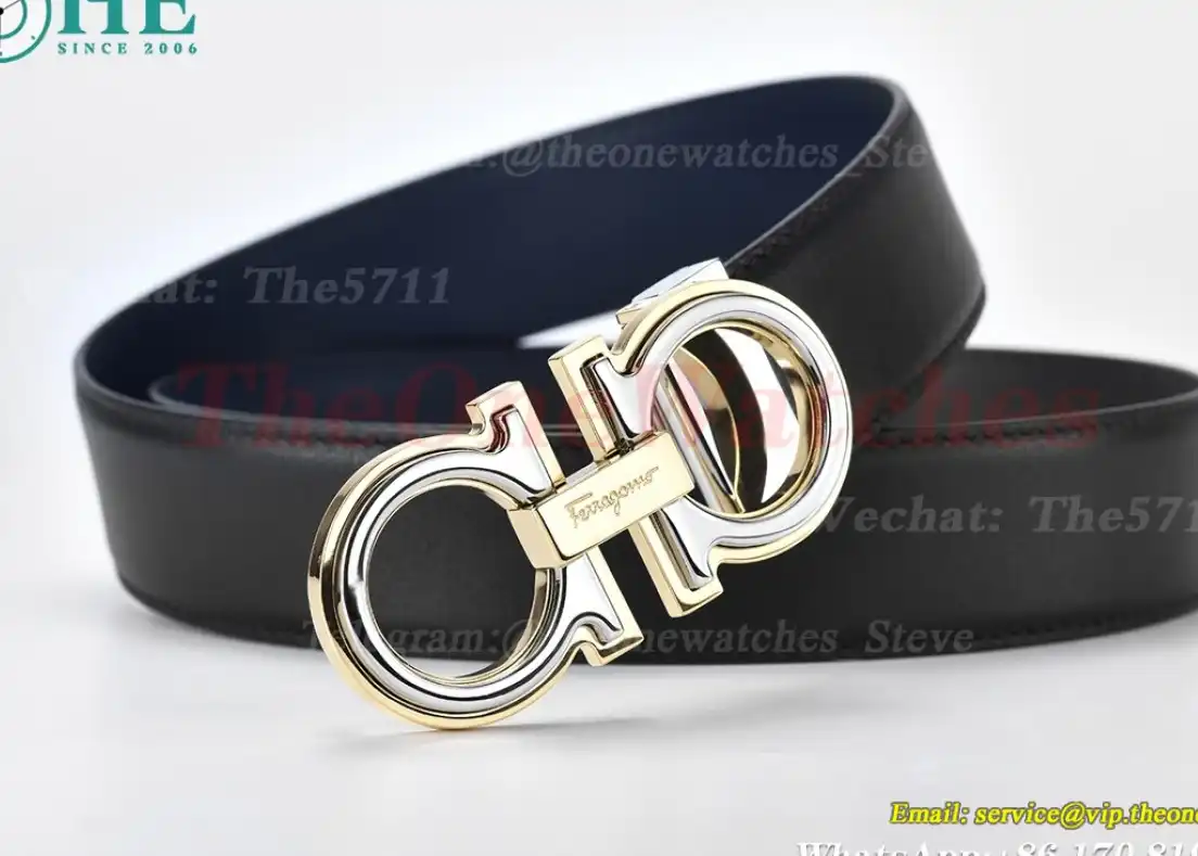 YG Brass Buckle on Black Blue Leather Belt 3.5cm