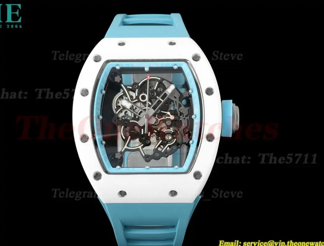 RM055 White Ceramic Blue Skeleton Dial On Blue Rubber Strap T+F RMUL2