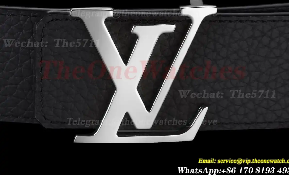 Silver LV Brass Buckle on Black Leather Belt 4.0cm