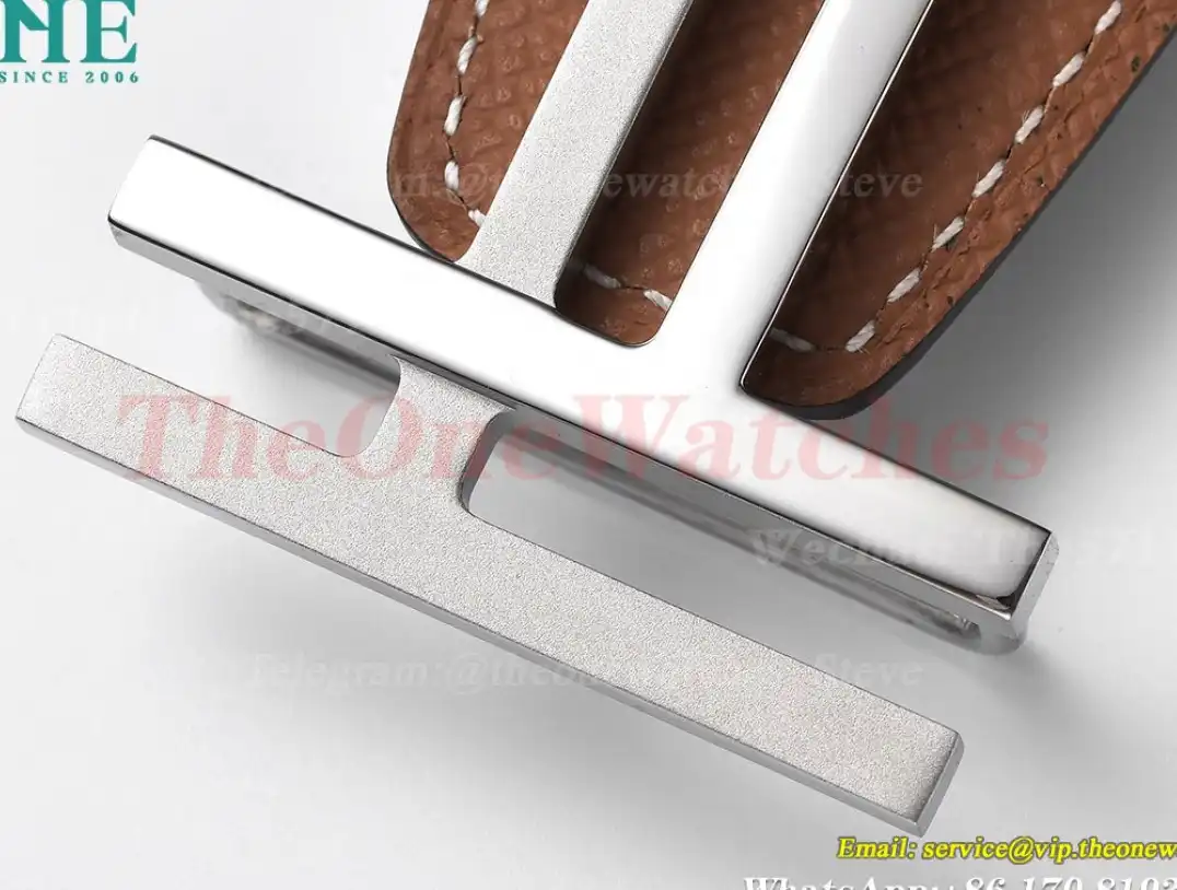 Silver Hermes SS Buckle on Brown Black Leather Belt 3.8cm