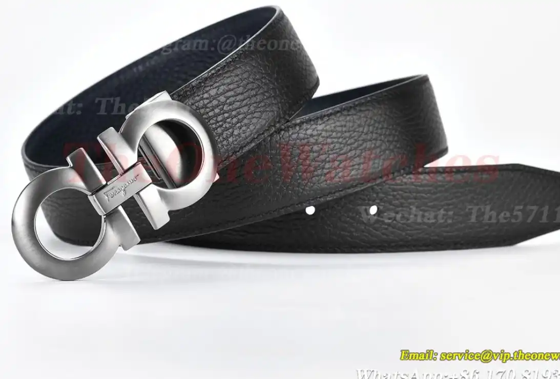 Bright Grey Brass Buckle on Black Blue Leather Belt 3.5cm