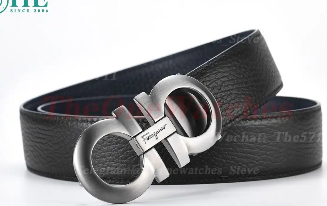 Bright Grey Brass Buckle on Black Blue Leather Belt 3.5cm