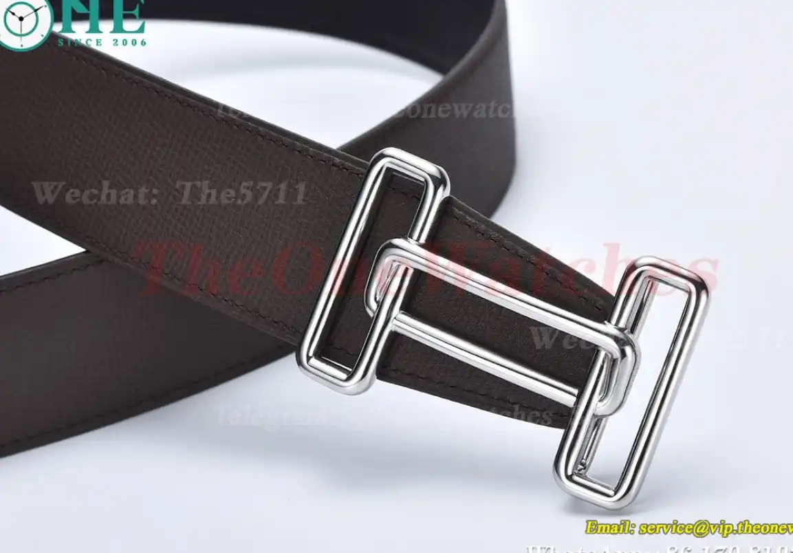 Silver Hermes SS Buckle on Brownish Black Leather Belt 3.8cm