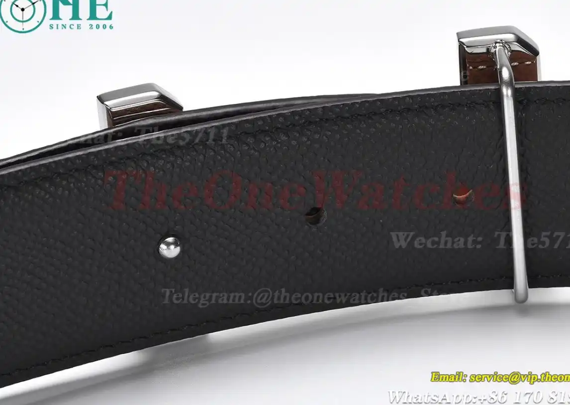 Silver Hermes SS Buckle on Black Brown Leather Belt 3.8cm