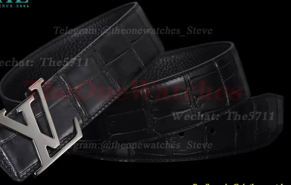 Bright Grey LV Brass Buckle on Black Leather Belt 4.0cm