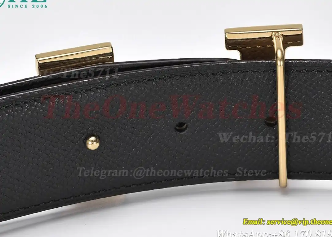 YG Hermes SS Buckle on Apricot Black Leather Belt 3.8cm