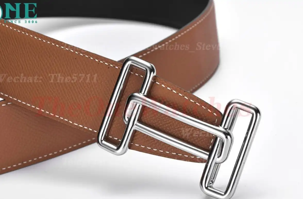 Silver Hermes SS Buckle on Brown Black Leather Belt 3.8cm