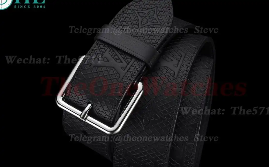 Silver LV Brass Buckle on Black Leather Belt 4.0cm