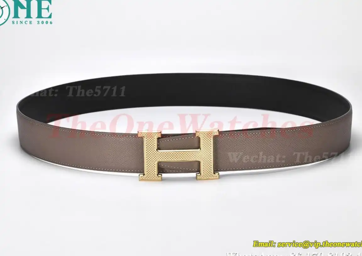 YG Hermes SS Buckle on Apricot Black Leather Belt 3.8cm