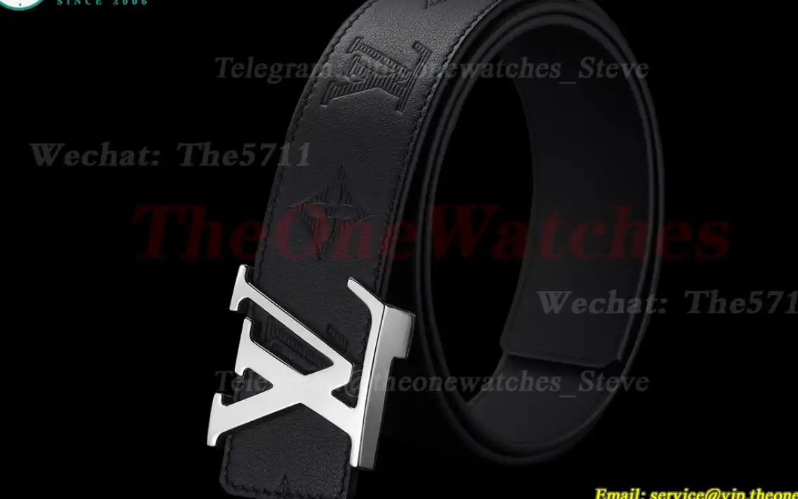 Silver LV Brass Buckle on Black Leather Belt 4.0cm