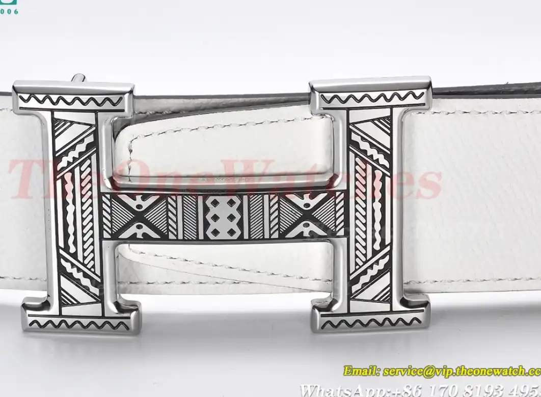 Silver Hermes SS Buckle on White Black Leather Belt 3.8cm