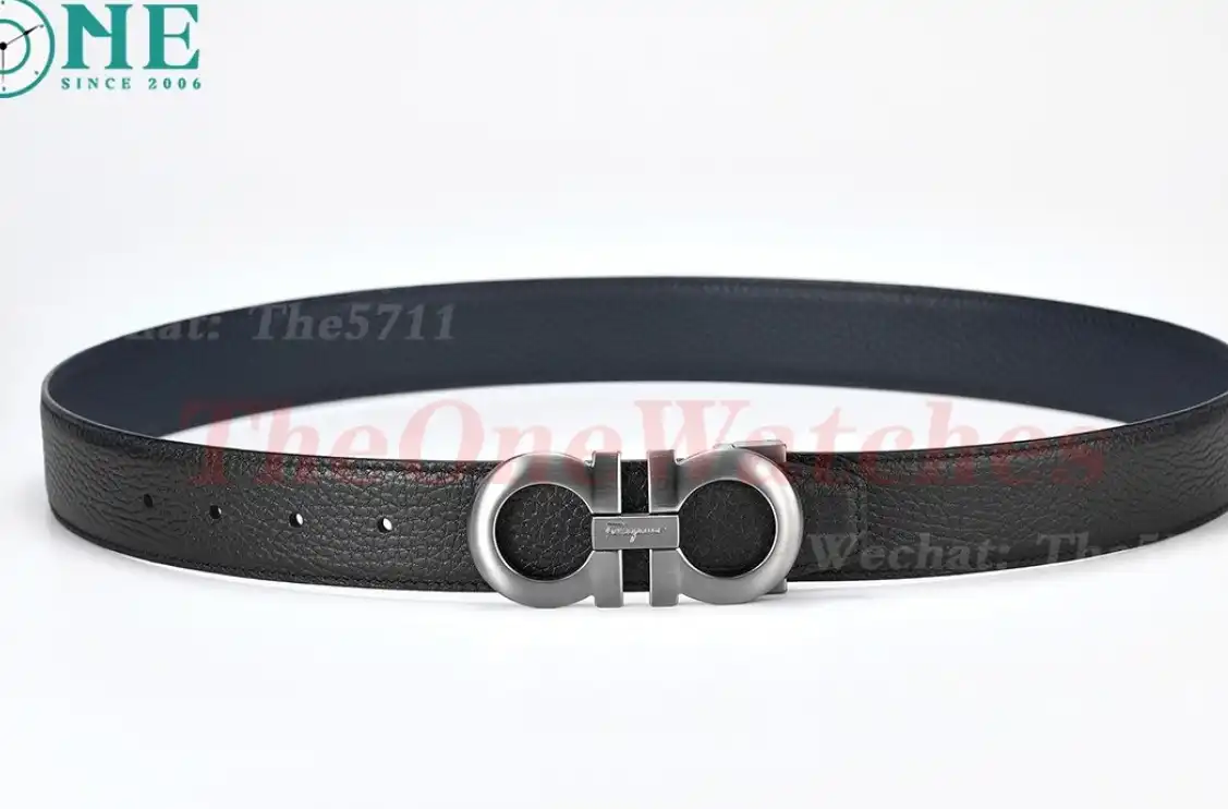 Bright Grey Brass Buckle on Black Blue Leather Belt 3.5cm