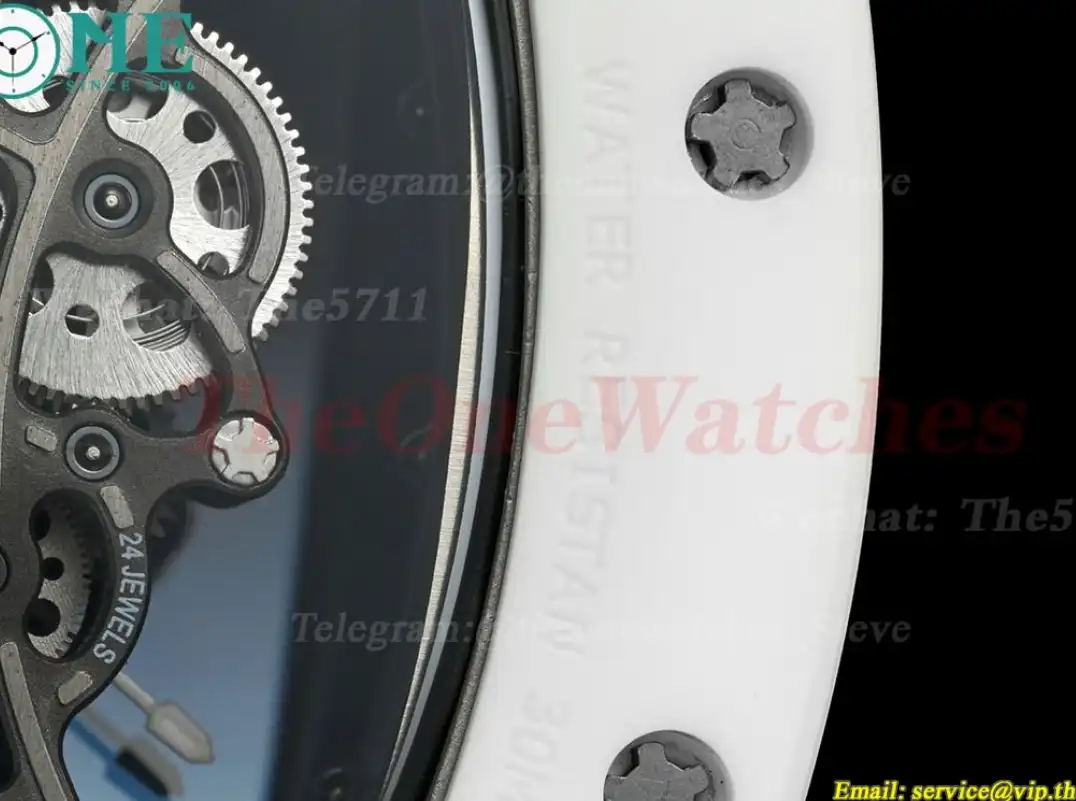 RM055 White Ceramic Black Skeleton Dial On Black Rubber Strap T+F RMUL2