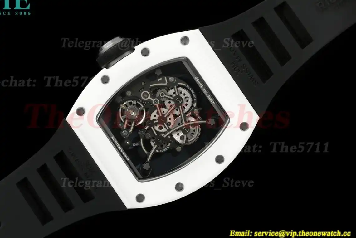 RM055 White Ceramic Black Skeleton Dial On Black Rubber Strap T+F RMUL2