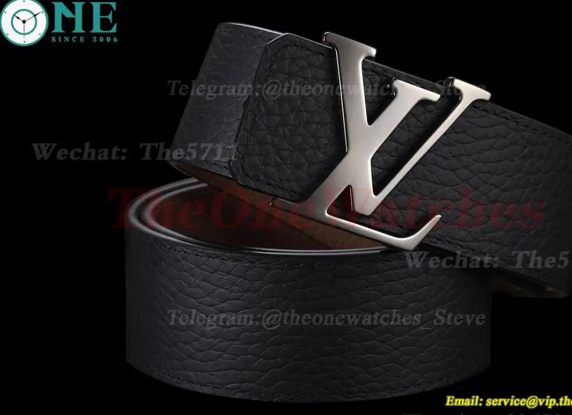 Bright Grey LV Brass Buckle on Black Leather Belt 4.0cm