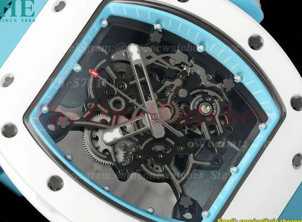 RM055 White Ceramic Blue Skeleton Dial On Blue Rubber Strap T+F RMUL2