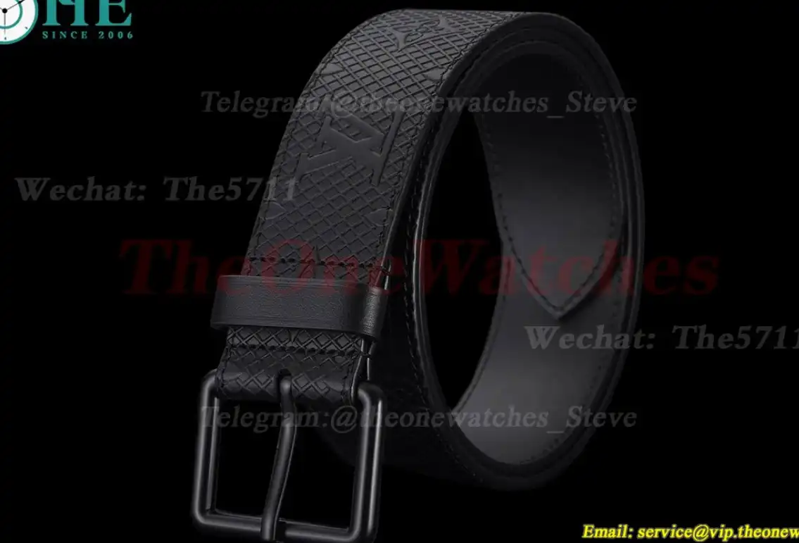 PVD LV Brass Buckle on Black Leather Belt 4.0cm