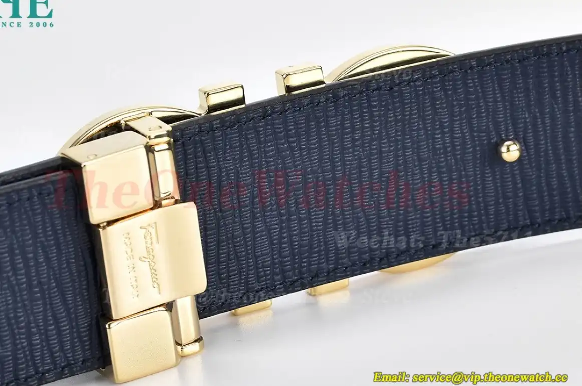 PVD YG Brass Buckle on Black Blue Leather Belt 3.5cm