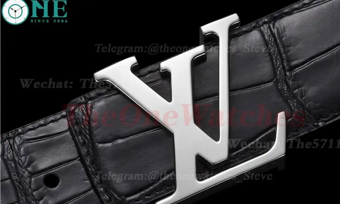 Silver LV Brass Buckle on Black Leather Belt 4.0cm