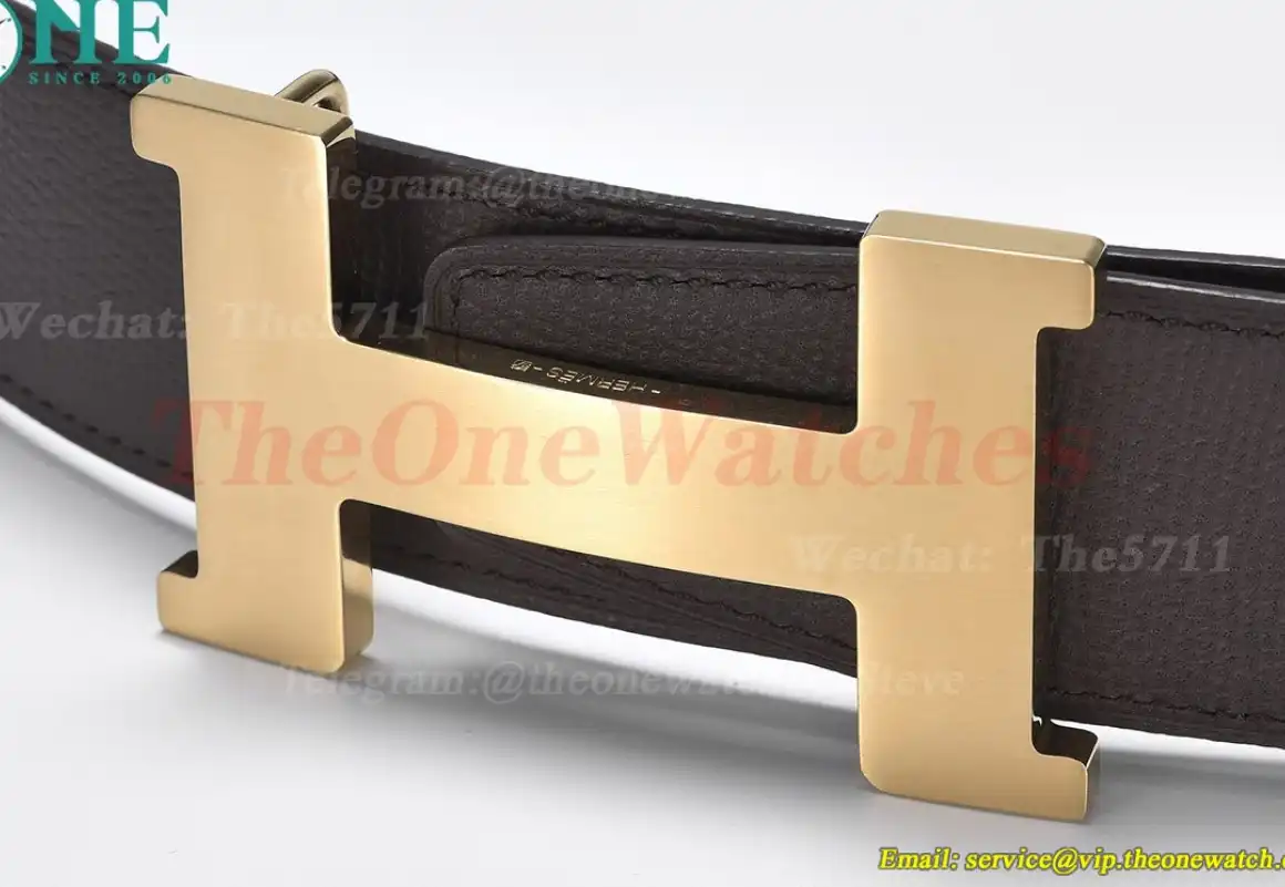 YG Hermes SS Buckle on Brownish Black Leather Belt 3.8cm