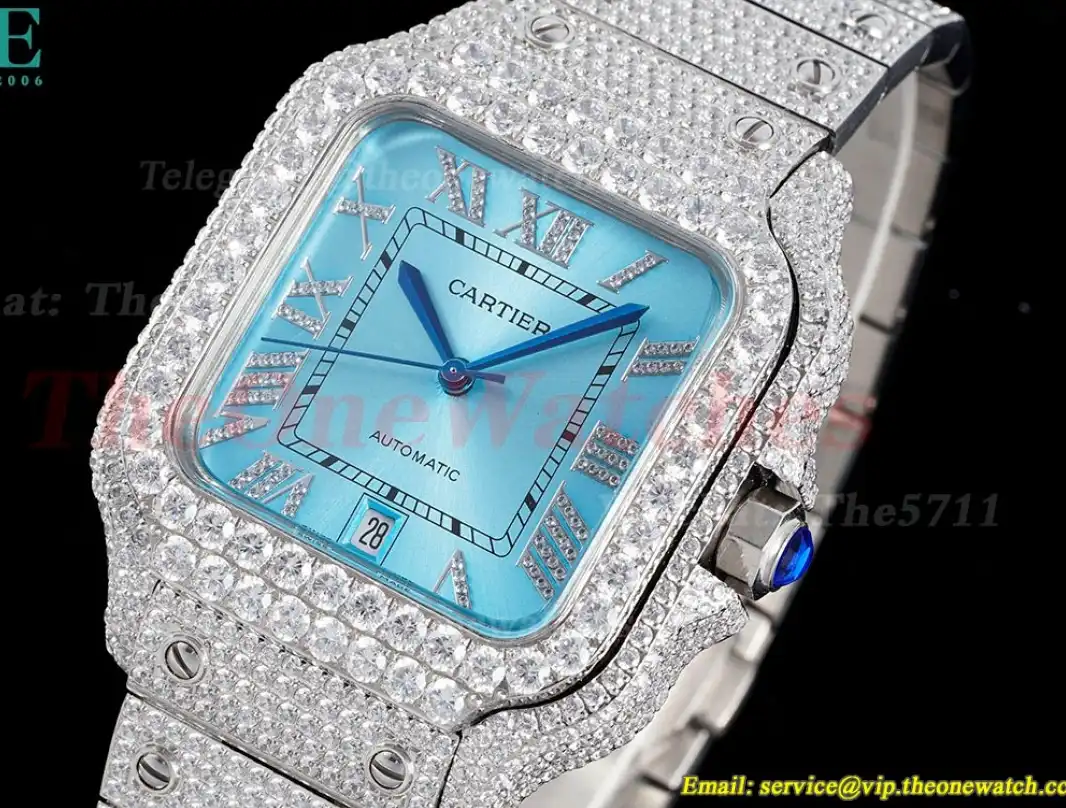 Santos 100 Mens XL 40mm SS SS Ice Blue Dial AMG MY9015