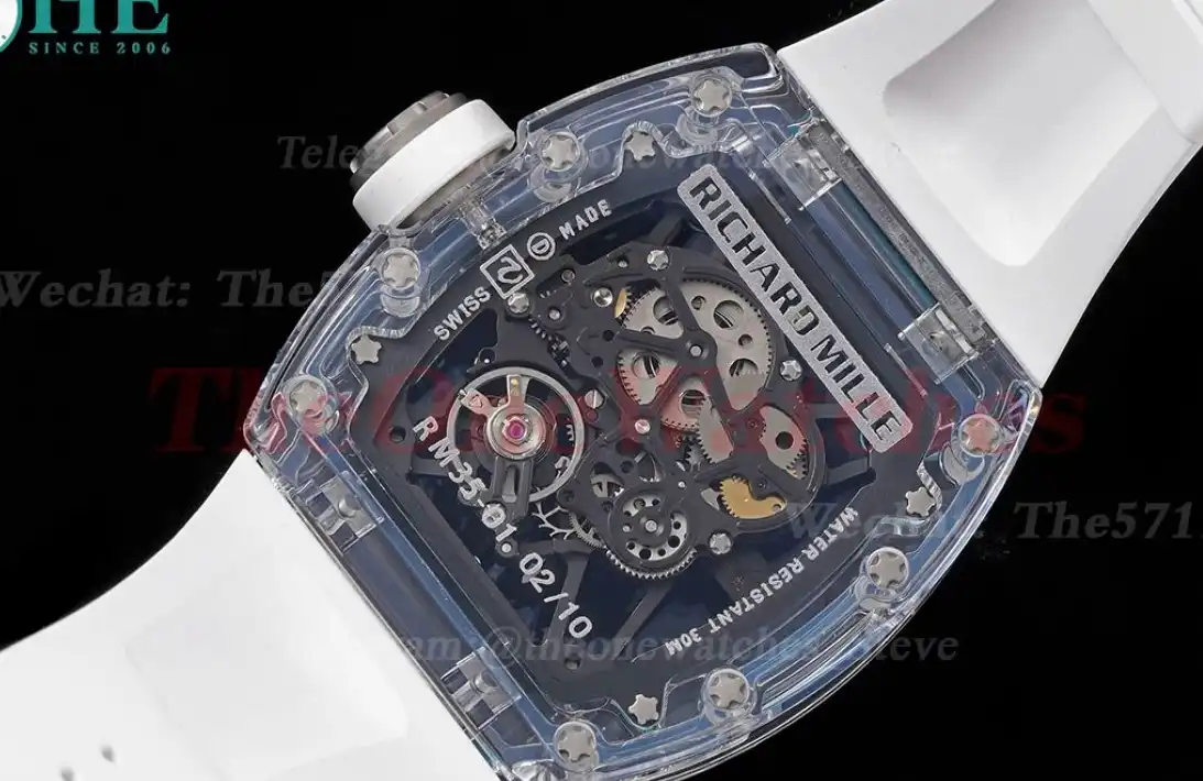 RM35-01 Transparent Skeleton dail with White Rubber strap RMF Clone RMUL2