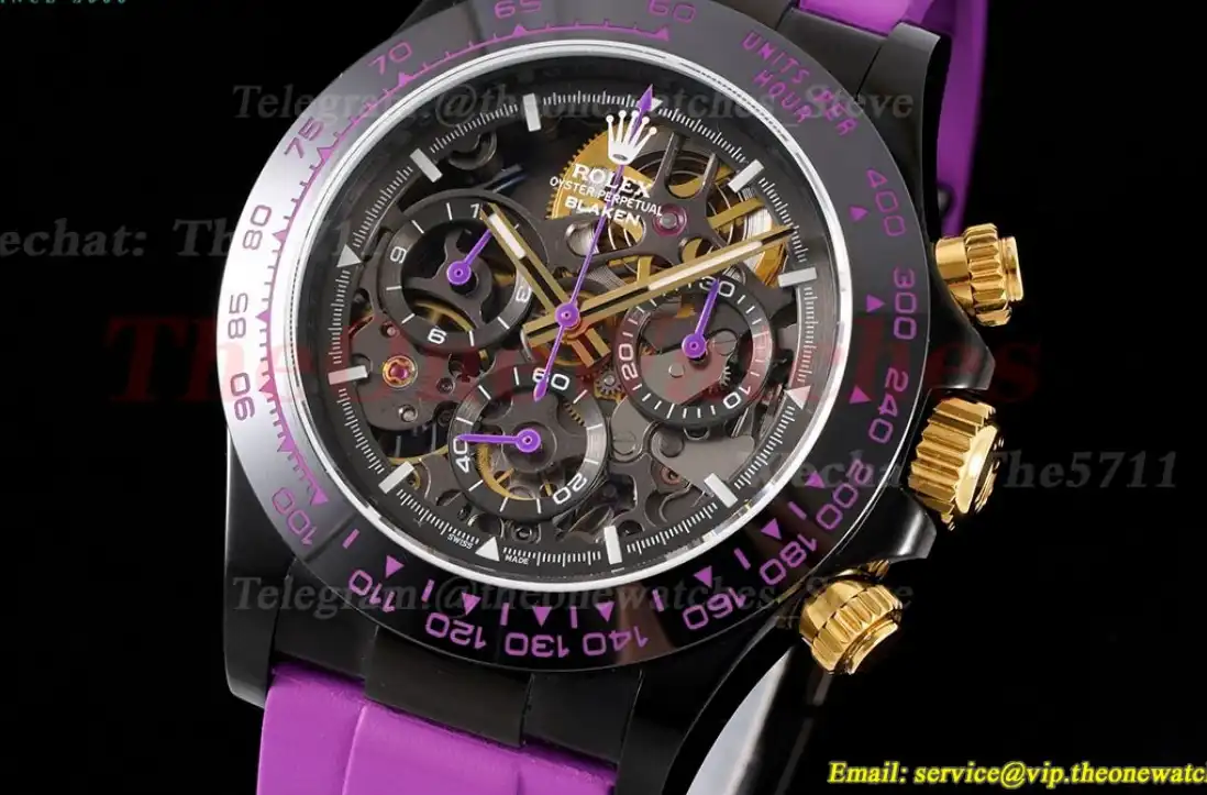 Daytona Blaken 40mm DLC RU Skeleton Dial On Purple Rubber N6F DD4130