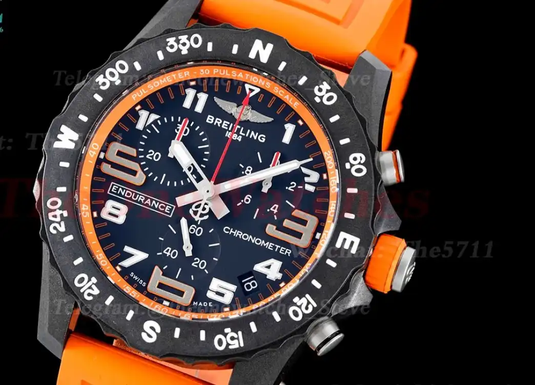 Professional Chronograph PVD Black Dial On Orange Strap Swiss Quartz